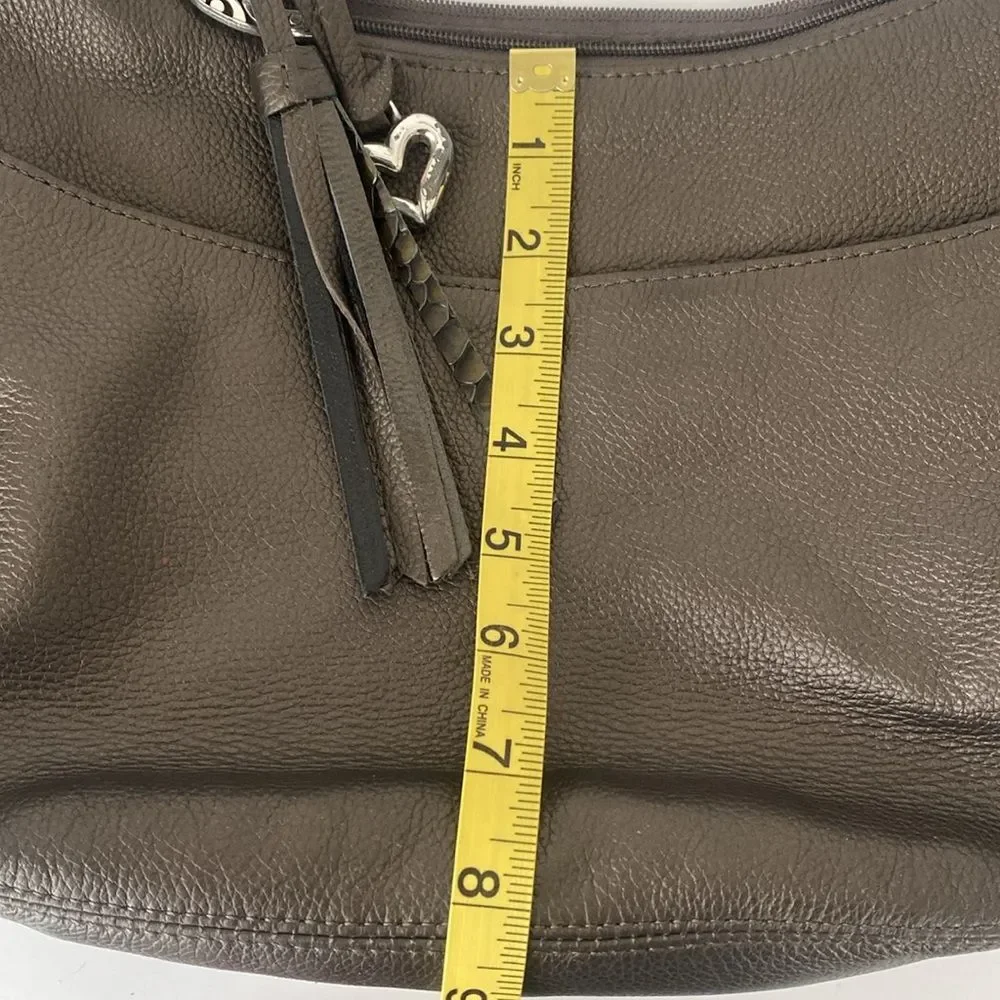 BRIGHTON Metallic Taupe leather shoulder bag braided handle heat charms Medium